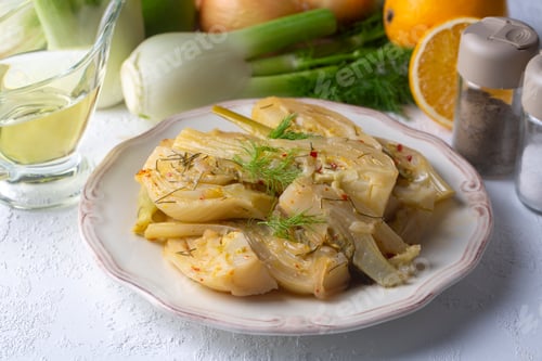 Preview: Organic Baked Fennel Bulbs with Salt and Pepper. Fennel dish with olive oil.
