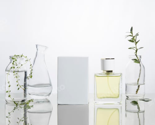 Preview: Perfume bottles and vases with fresh branches and flowers on a glass background.