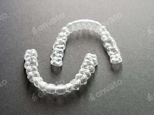 Preview: Close-up of clear orthodontic aligners splints on a gray surface