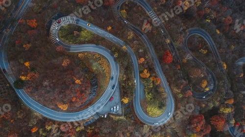 Preview: Beautiful curvy street on the Nikko mountain, Japan. Aerial view