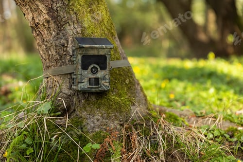 Preview: Camera trap with integrated solar panel charging internal battery while strapped to a tree in nature