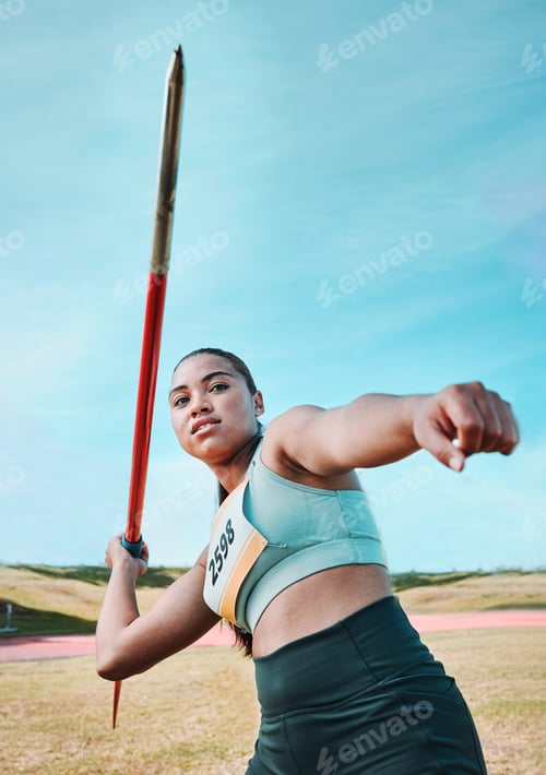 Preview: Woman, javelin and olympic athlete in competition, practice or sports training in fitness on stadiu