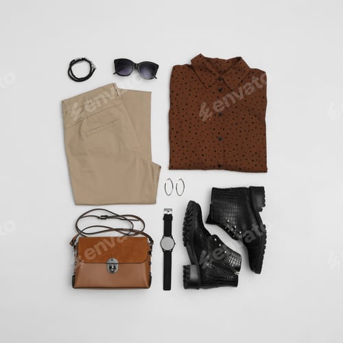 Preview: Set with ankle boots, stylish clothes and accessories on white background, top view