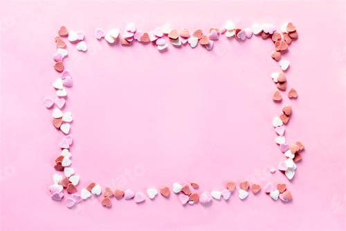 Preview: lot of colorful red white and pink heart shaped sprinkles, sweet confetti frame, copy space mock up.
