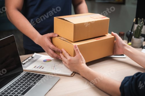 Preview: parcel delivery service for work from home people, Woman receiving parcel from delivery man