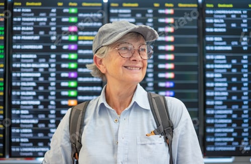 Preview: Smiling old senior woman with hat and eyeglasses standing in airport close to timetable schedule to