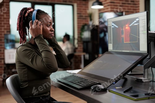 Preview: Level design department employee wearing wireless headphones while analyzing digital environment.