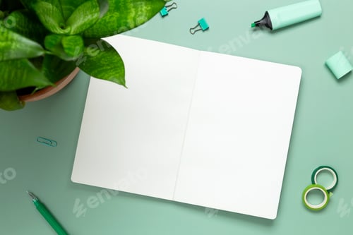 Vista previa: Creative flat lay mockup design of workspace. Top view composition with white notebook, succulents