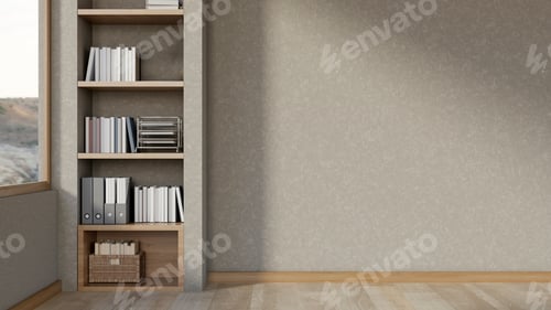Preview: Build in bookshelf in gray cement loft wall aside window and wooden parquet floor in a modern room.