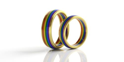 Preview: Pair of golden rainbow colors wedding rings isolated on white background, closeup view,