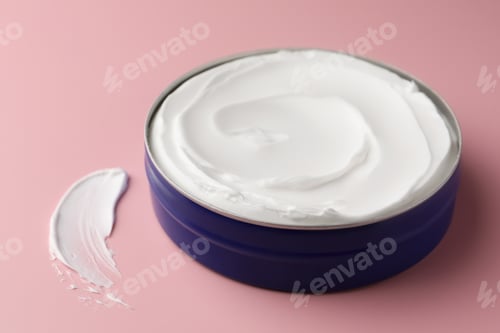 Preview: Jar of face cream and sample on pink background, closeup