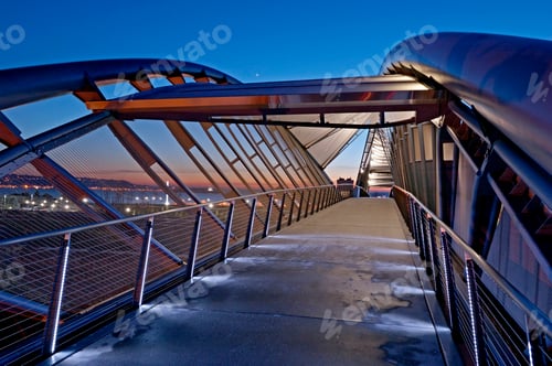 Preview: Illuminated footbridge over Seattle cityscape at night, Washington, United States