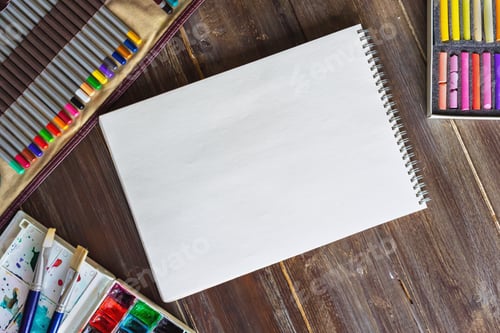 Preview: workplace, pencils, brushes, watercolor paints, paper crayon pastel chalks. Flat lay, wooden table