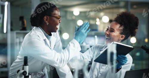 Preview: Scientist, women and high five with tablet for biochemistry, experiment and pathology breakthrough.
