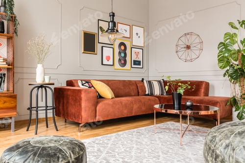 Preview: Eclectic living room interior with comfortable velvet corner sofa with pillows