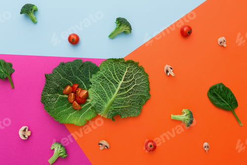 Preview: Flat lay of raw vegetables on abstract background