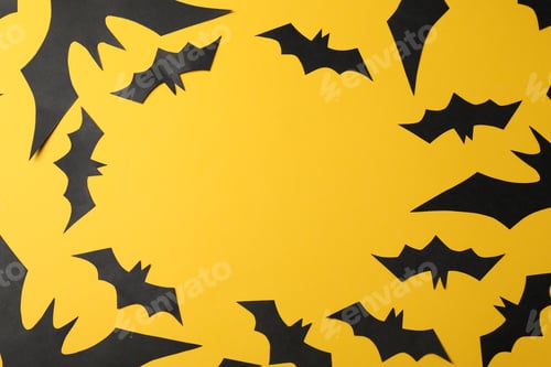 Preview: Decorative black bats on color background, copy space