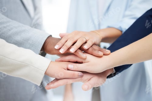 Preview: Success, teamwork and hands of business people in office for community, diversity and support. Soli