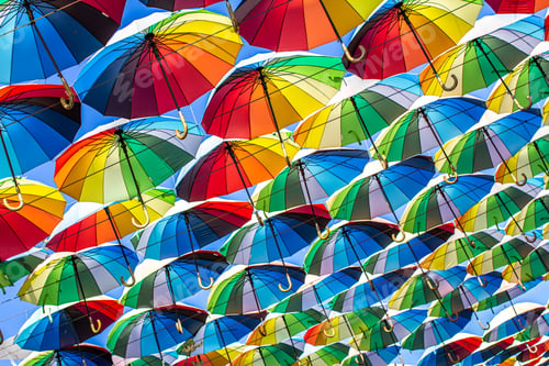 Preview: Colorful umbrellas Blue, green, red, rainbow umbrellas background