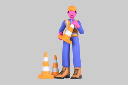 Preview: Cartoon Construction Worker with Cones