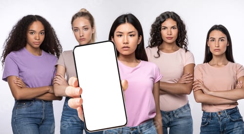 Preview: Serious ladies showing blank empty smartphone screen for mockup