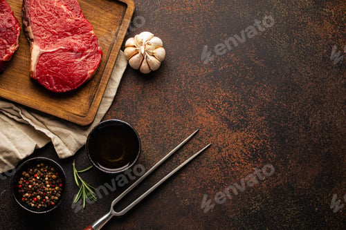 Preview: Two raw meat steaks on wooden board