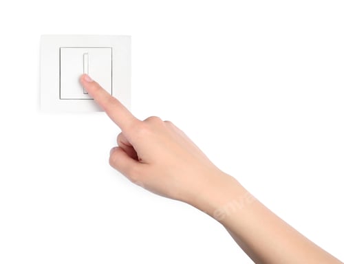 Preview: Woman pressing light switch on white background, closeup