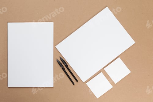 Preview: mock up concept. cards Papers on beige background. Top view, flat lay, copy space