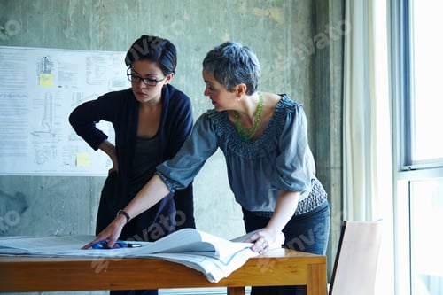 Preview: Two professionals engaged in discussion over plans at a worktable.