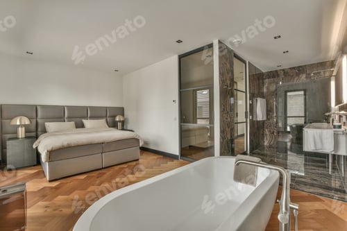 Modern Bedroom Interior with Stylish Attached Bathroom
