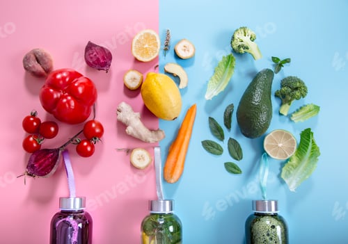 Preview: Glass bottles with natural drinks on a colored background