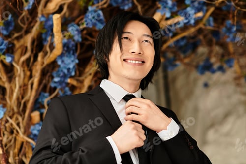 Preview: Handsome groom adjusting his tie amidst beautiful floral backdrop at a romantic wedding venue
