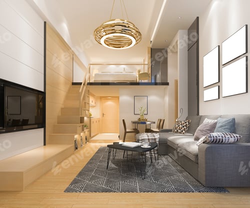 Aperçu: 3d rendering white wood living room near bedroom upstair