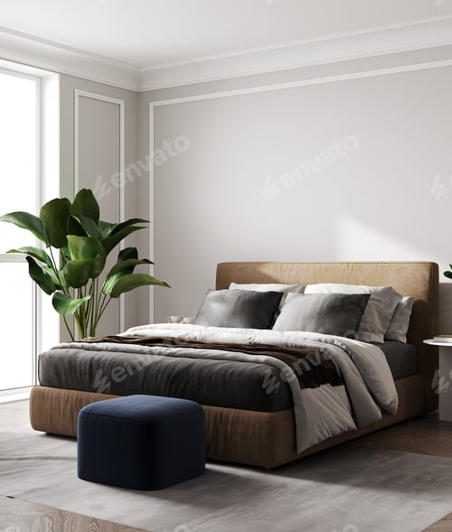 Preview: 3d rendering of a beige elegant luxury bedroom with modern brown bed and blue pouf