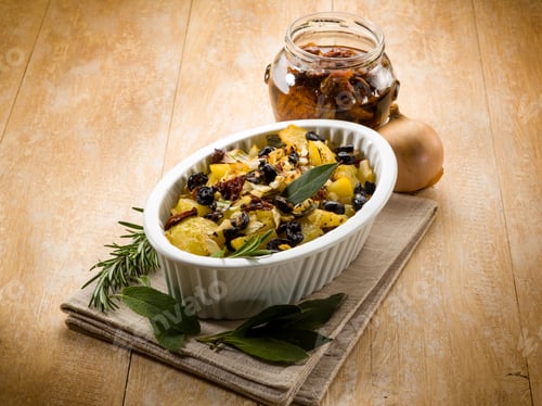 Preview: baked potatoes with dried tomatoes and black olives