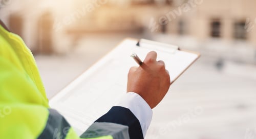 Preview: Hands, engineer and clipboard in city for checklist, inspection notes or safety compliance. Person,