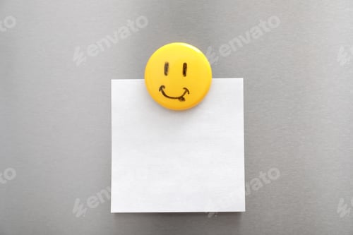 Preview: Sheet of paper with magnet on refrigerator door as background. Space for text
