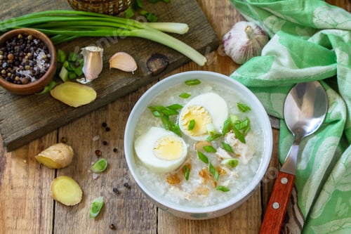 Preview: Hot soup chicken with ginger rice and garlic in a bowl on a rustic table.