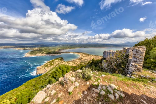 Preview: Aerial view Voidokilia beach seen from navarino castle