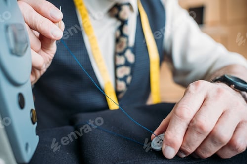 Preview: cropped image of tailor sewing button to dark blue jacket at sewing workshop