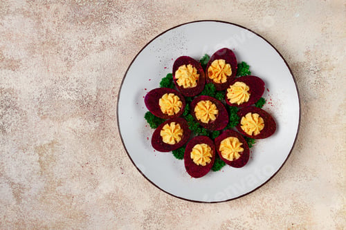 Preview: stuffed eggs, stained with beetroot juice, purple, pitaya powder, top view, top view, close-up,