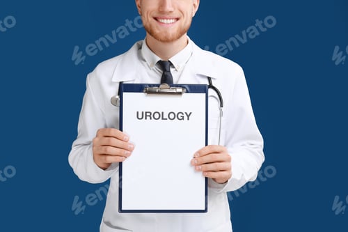 Preview: Male doctor holding clipboard with word UROLOGY on blue background, closeup
