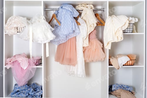 Preview: Messy dressing room shelves with stack of clothes.