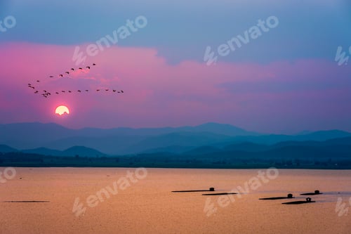 Preview: Birds flying over mountains and lake during sunset