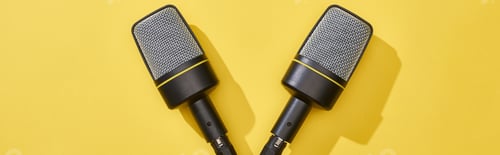 Preview: panoramic shot of microphones on bright and colorful background