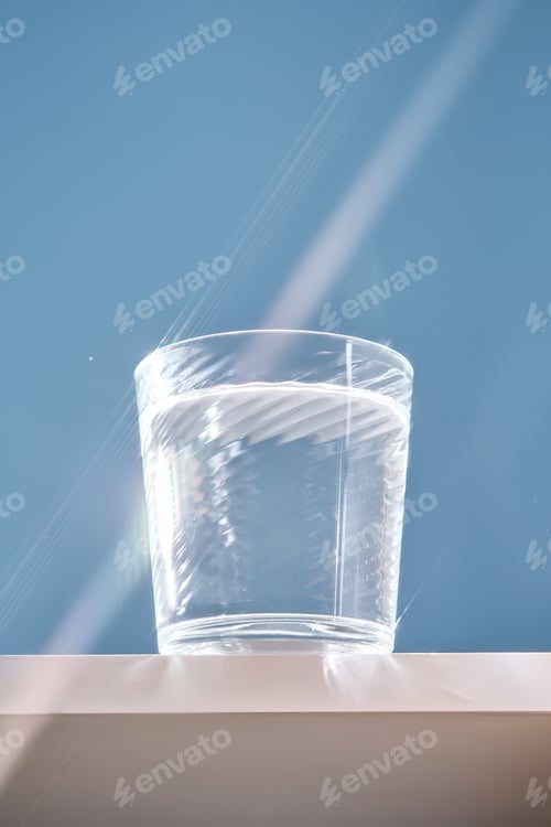 Preview: Glass of clean filtered water on blue background with beautiful glare.