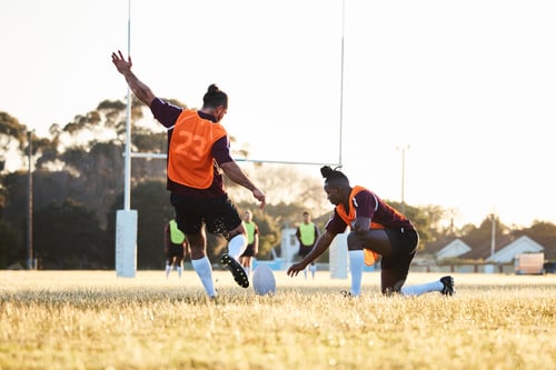 Preview: Rugby, kick and sport game with support, exercise and competition with athlete ball training. Field