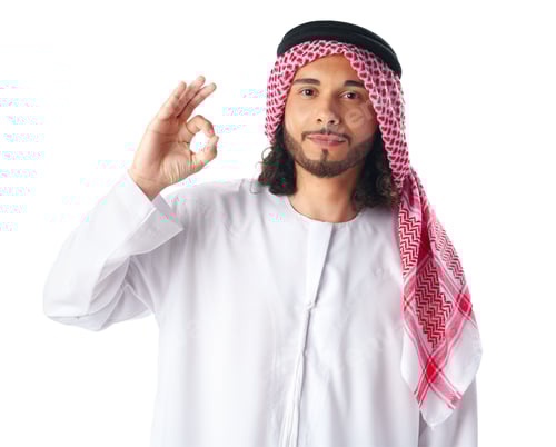 Preview: Smiling Arab businessman showing ok sign isolated on white background
