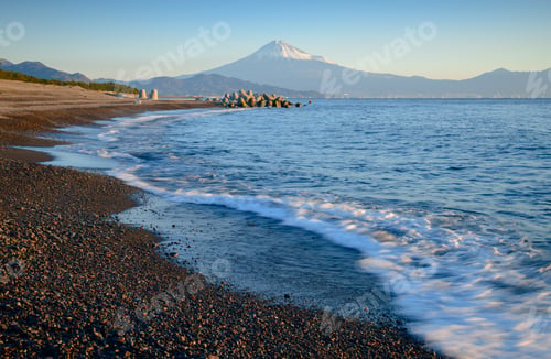 Preview: Mountain Fuji and beach at sunrise view from Suruga Bay, Shizuoka, Japan