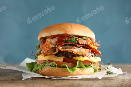 Preview: Tasty burger with bacon on table against color background